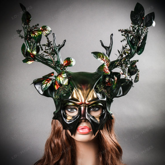 Antler Deer Horn Devil Woodland Forest Halloween Masquerade Mask - Green Gold - Picture 8 of 10